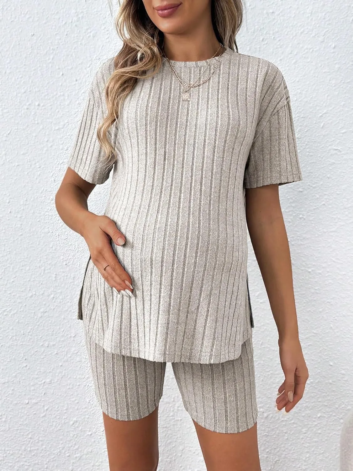 MakeMeChic Women's Maternity Pajama Set Loungewear Ribbed Knit Top Biker Shorts Sleepwear Tracksuit