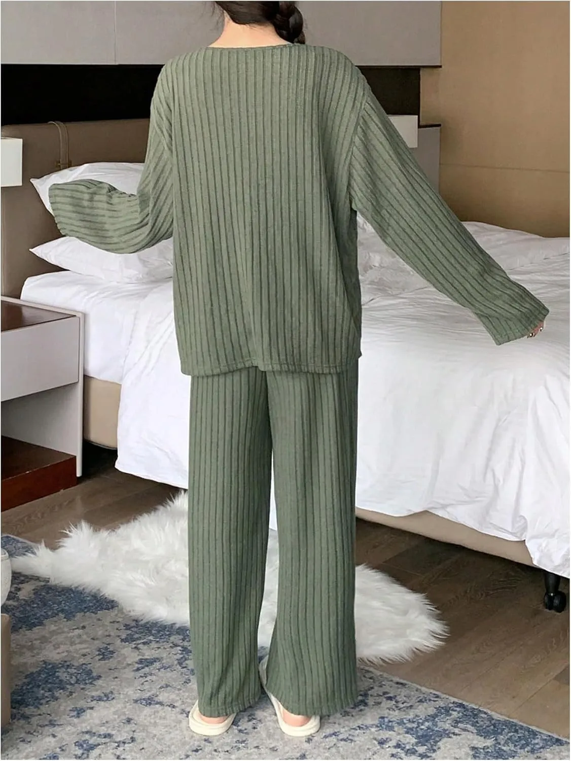 MakeMeChic Women's Two Piece Lounge Pajama Set V Neck Button Down Cardigan and Pants Comfy Set Loungewear
