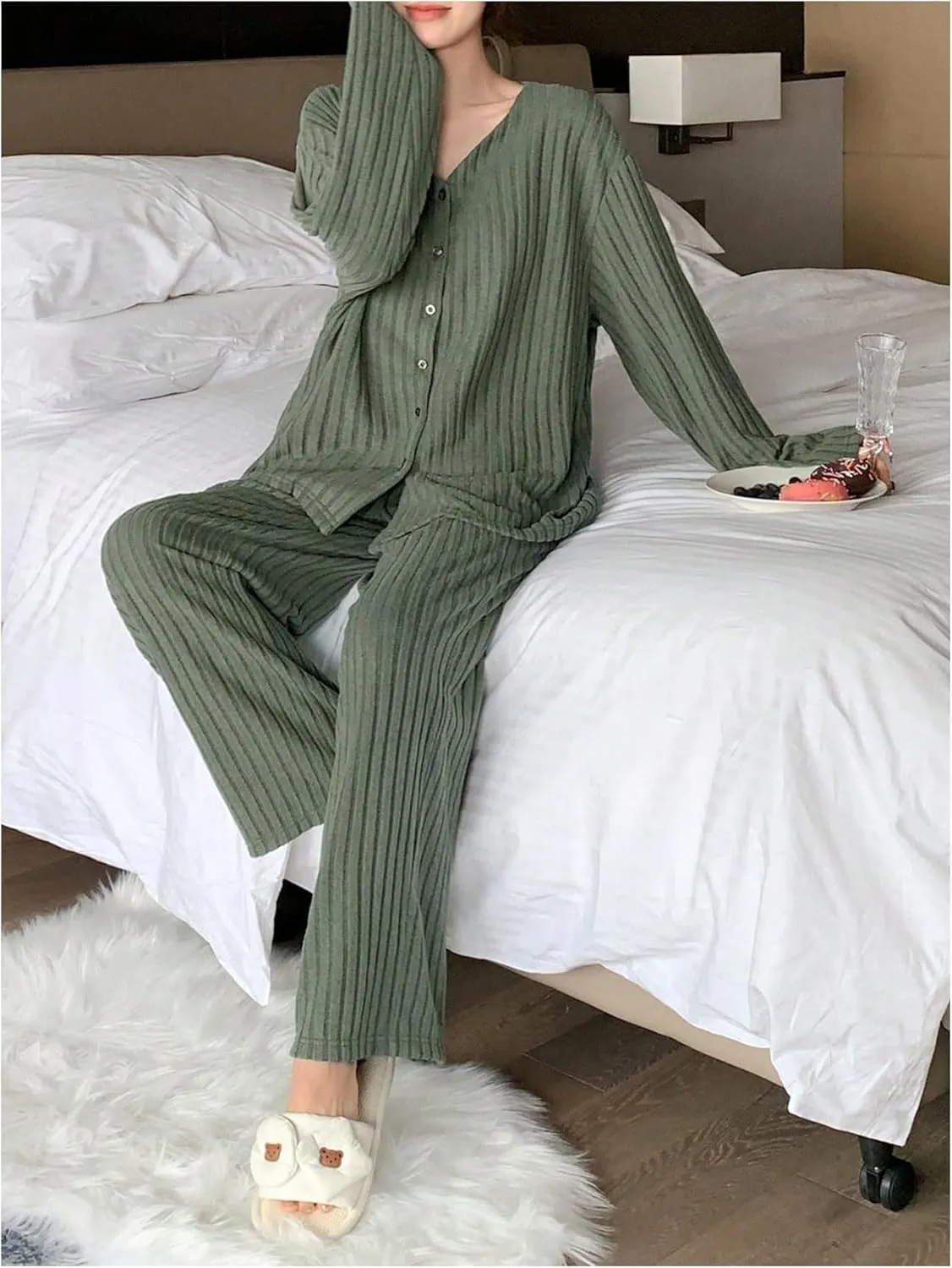 MakeMeChic Women's Two Piece Lounge Pajama Set V Neck Button Down Cardigan and Pants Comfy Set Loungewear