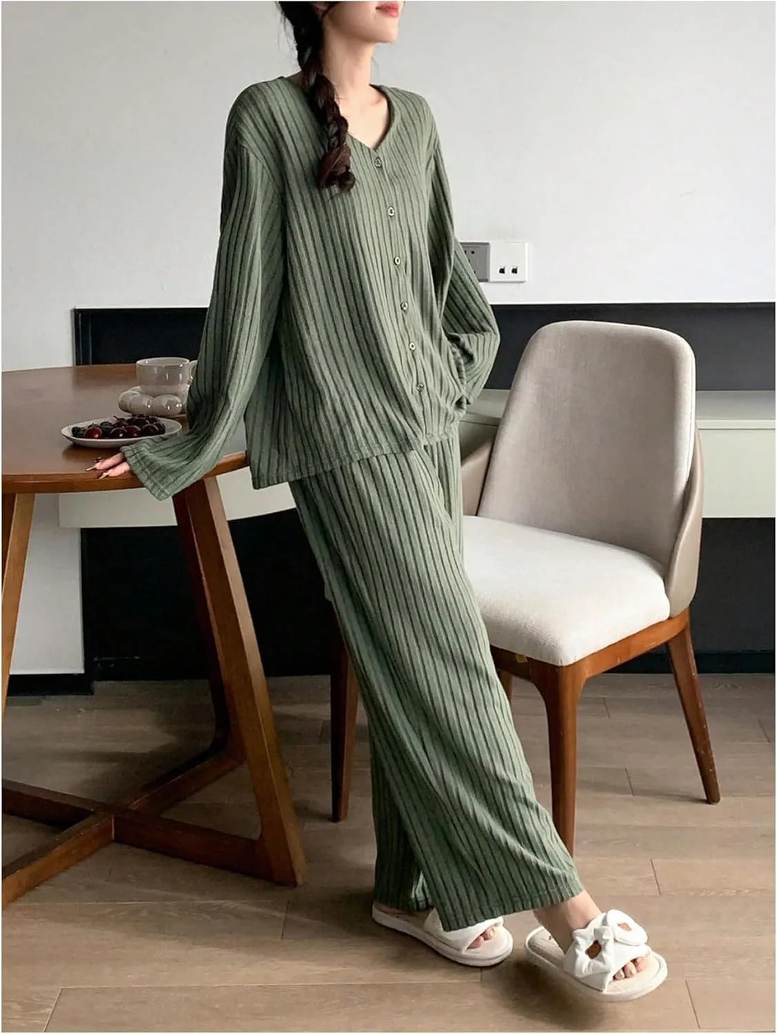 MakeMeChic Women's Two Piece Lounge Pajama Set V Neck Button Down Cardigan and Pants Comfy Set Loungewear