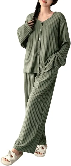 MakeMeChic Women's Two Piece Lounge Pajama Set V Neck Button Down Cardigan and Pants Comfy Set Loungewear