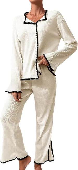 MakeMeChic Women's Two Piece Pajama Lounge Set Collared Button Down Shirt and Split Hem Pants Sets Loungewear