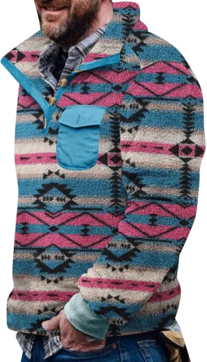 Men Printed Fuzzy Sherpa Polo Sweatshirts Button Up Pullover Tops Collared Sweater with Front Pocket Warm Thermal Tops