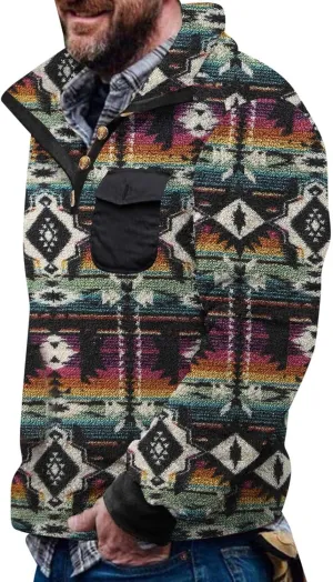 Men Printed Fuzzy Sherpa Polo Sweatshirts Button Up Pullover Tops Collared Sweater with Front Pocket Warm Thermal Tops