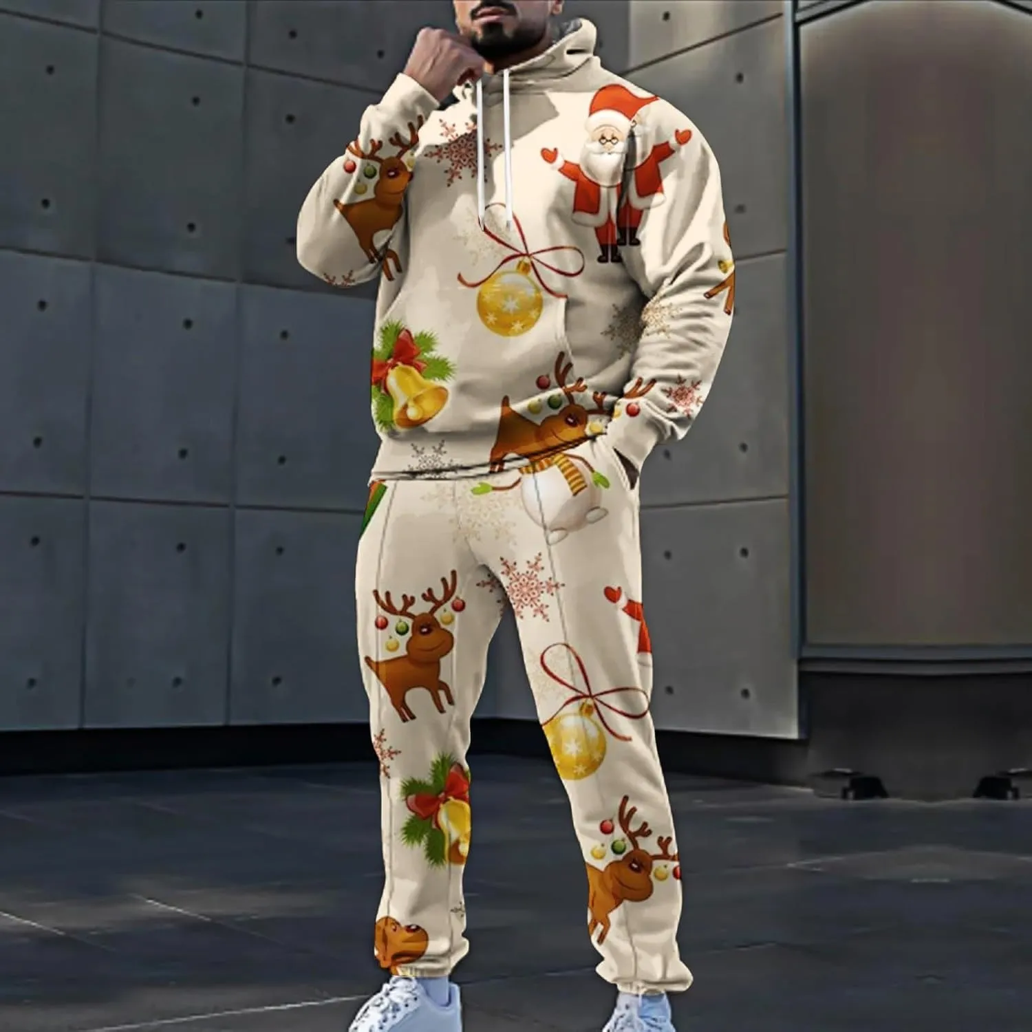 Men's Athletic Hoodie Tracksuit Funny Christmas Tracksuit 2 Piece Funny Reindeer Santa Casual Athletic Jogging Suits
