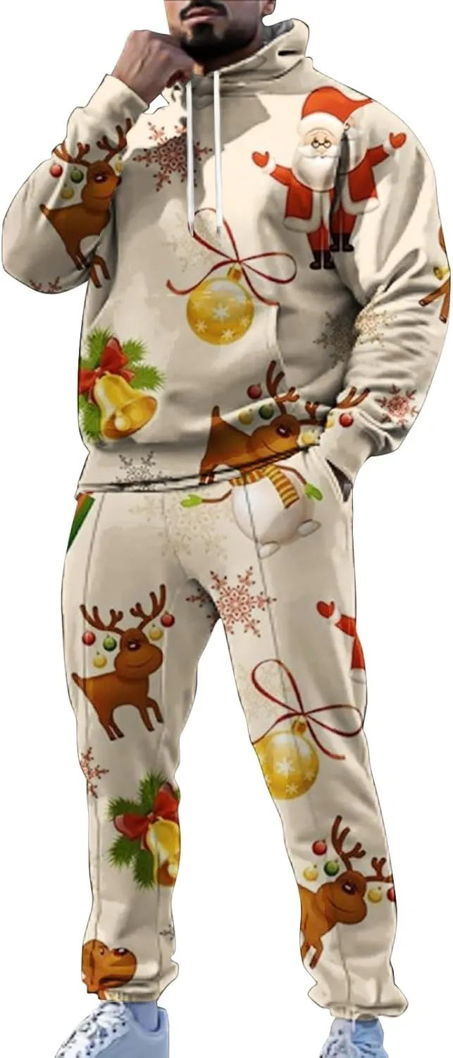 Men's Athletic Hoodie Tracksuit Funny Christmas Tracksuit 2 Piece Funny Reindeer Santa Casual Athletic Jogging Suits