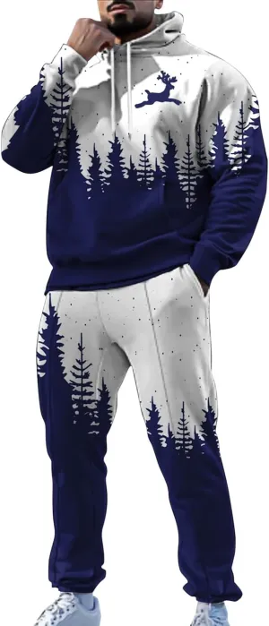 Men's Athletic Hoodie Tracksuit Funny Christmas Tracksuit 2 Piece Funny Reindeer Santa Casual Athletic Jogging Suits