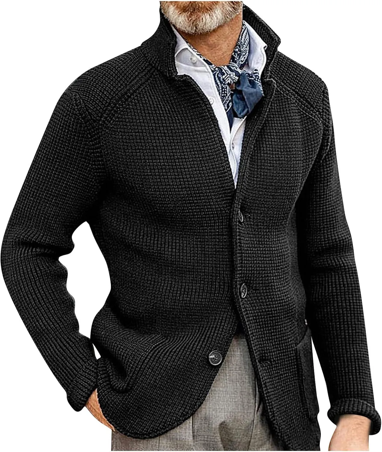 Mens Cardigan Sweater with Buttons Knitted Lapel Men Cardigan Sweater Lightweight Warm Loose Winter Cardigan