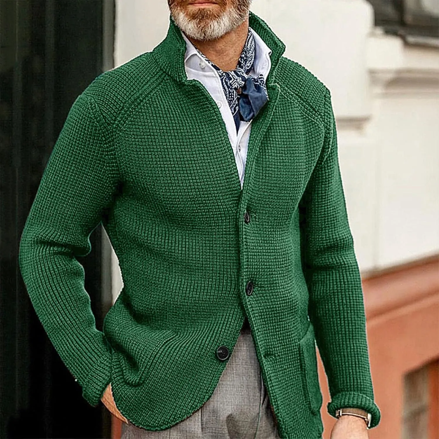 Mens Cardigan with Buttons Knitted Lapel Oversized Cardigan Sweater Lightweight Warm Lounge Winter Cardigan