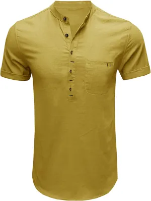 Men's Casual Cotton Linen Short Sleeve Summer Lightweight Beach Tops Plain Button Up Pockets T Shirt (Yellow,XX-Large)