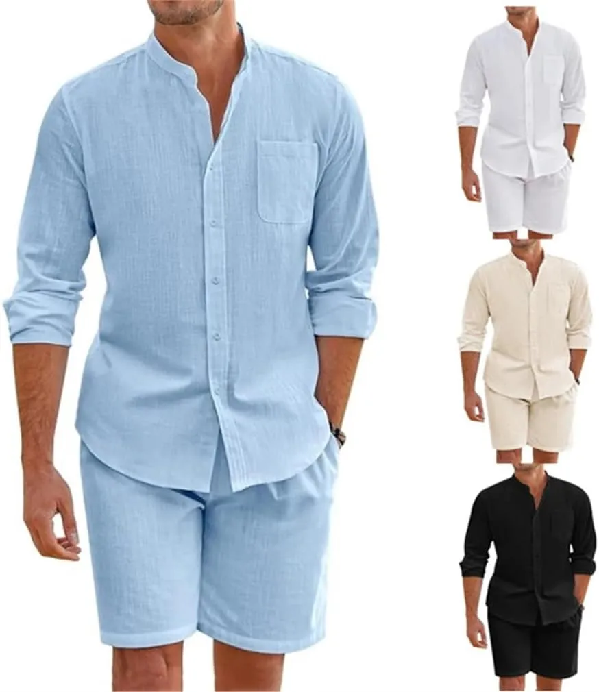 Mens Cotton Linen Outfits Stand Collar Button-Up Shirts And Shorts Sets For Men Clothing Summer Tracksuits