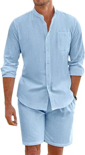 Mens Cotton Linen Outfits Stand Collar Button-Up Shirts And Shorts Sets For Men Clothing Summer Tracksuits