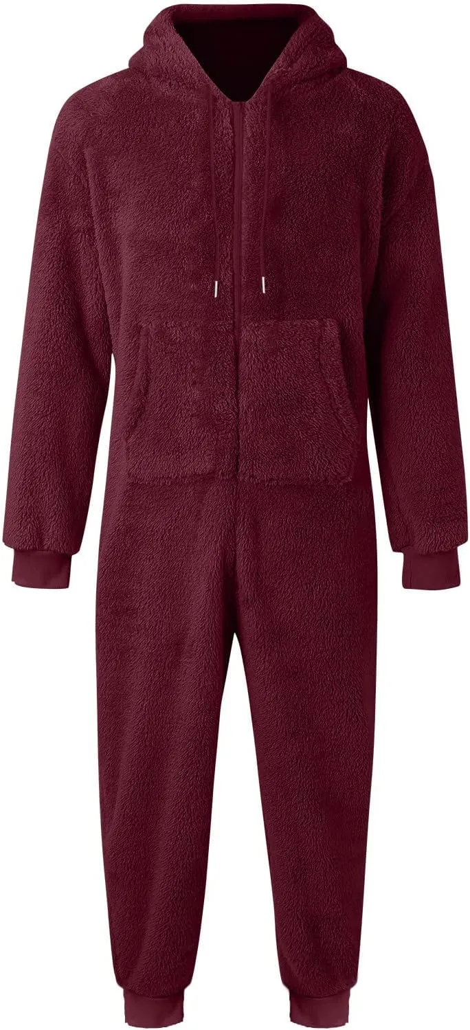 Mens Fleece Hooded Pajamas Set, Pullover Hoodies Tops & Long Pants, Loose Plush Warm Loungewear Sleepwear Pajamas Sets
