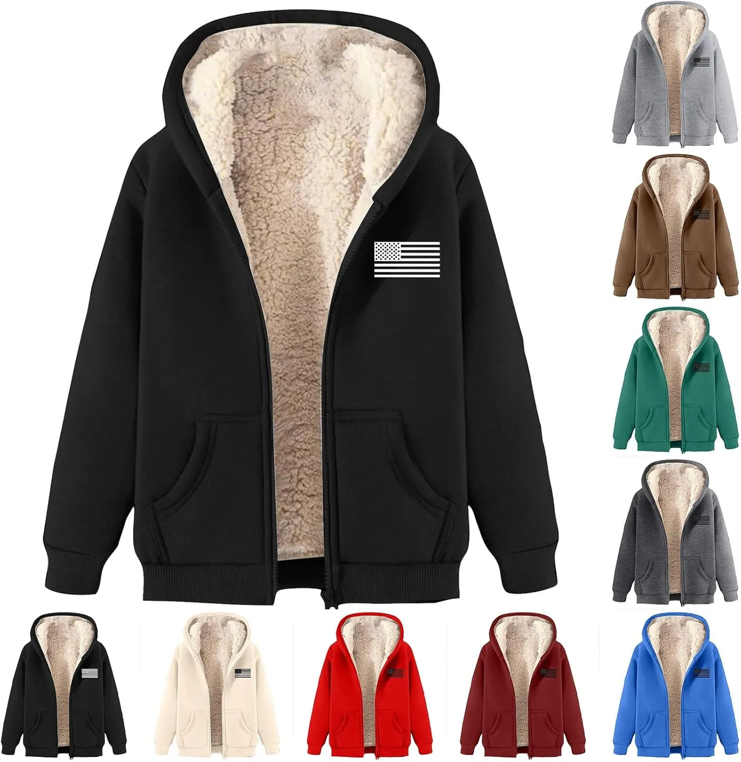 Men's Fleece Lined Hooded Sweatshirt Winter Thickened Warm Sherpa Warm Zip Up Hoodies Heavyweight USA Flag Print Coat