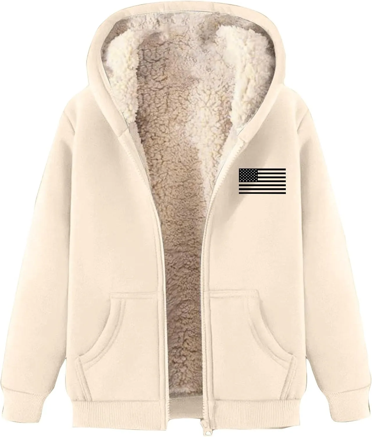Men's Fleece Lined Hooded Sweatshirt Winter Thickened Warm Sherpa Warm Zip Up Hoodies Heavyweight USA Flag Print Coat