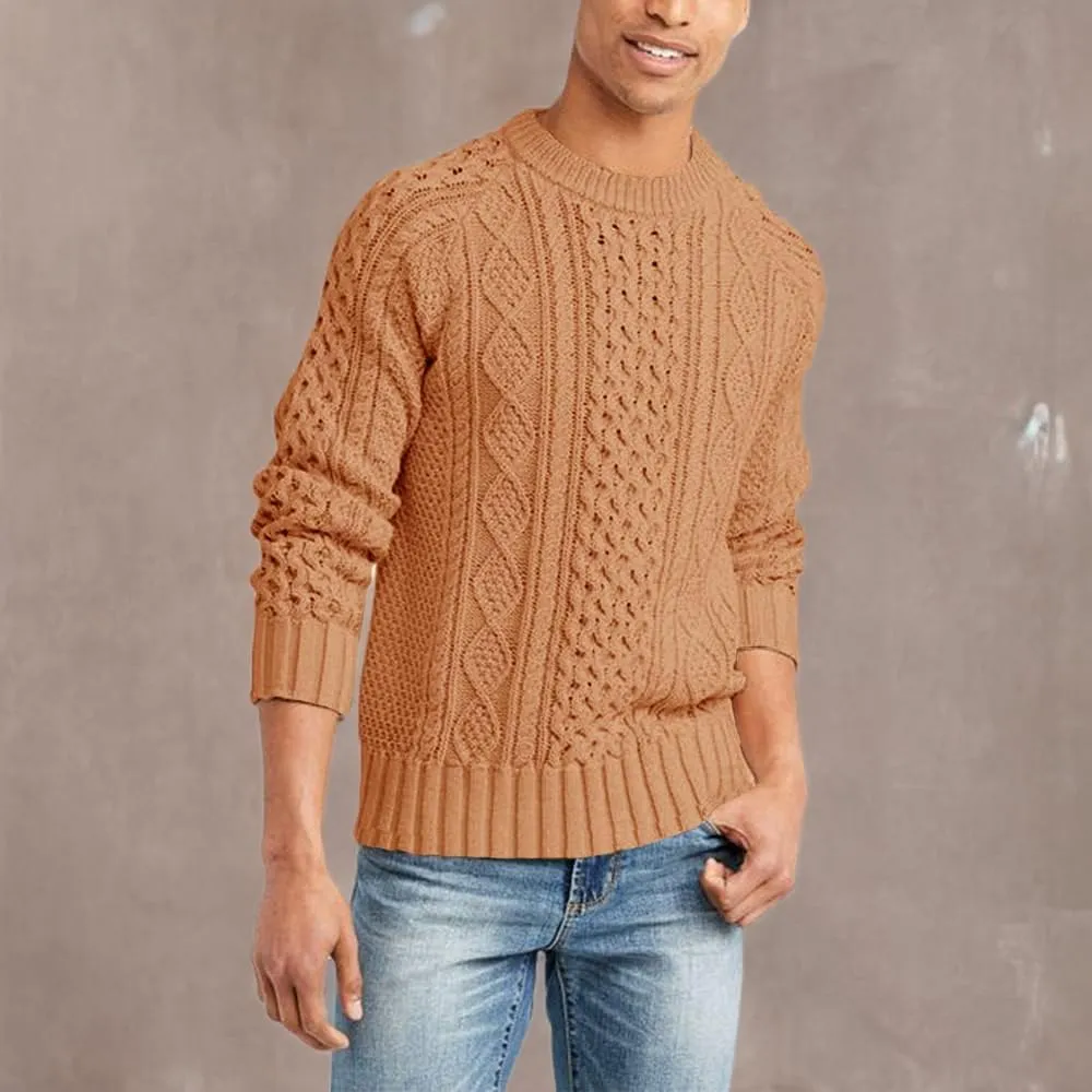 Men's Long Sleeve Cable Knit Pullover Sweater Fisherman Twist Patterned Crewneck Sweater