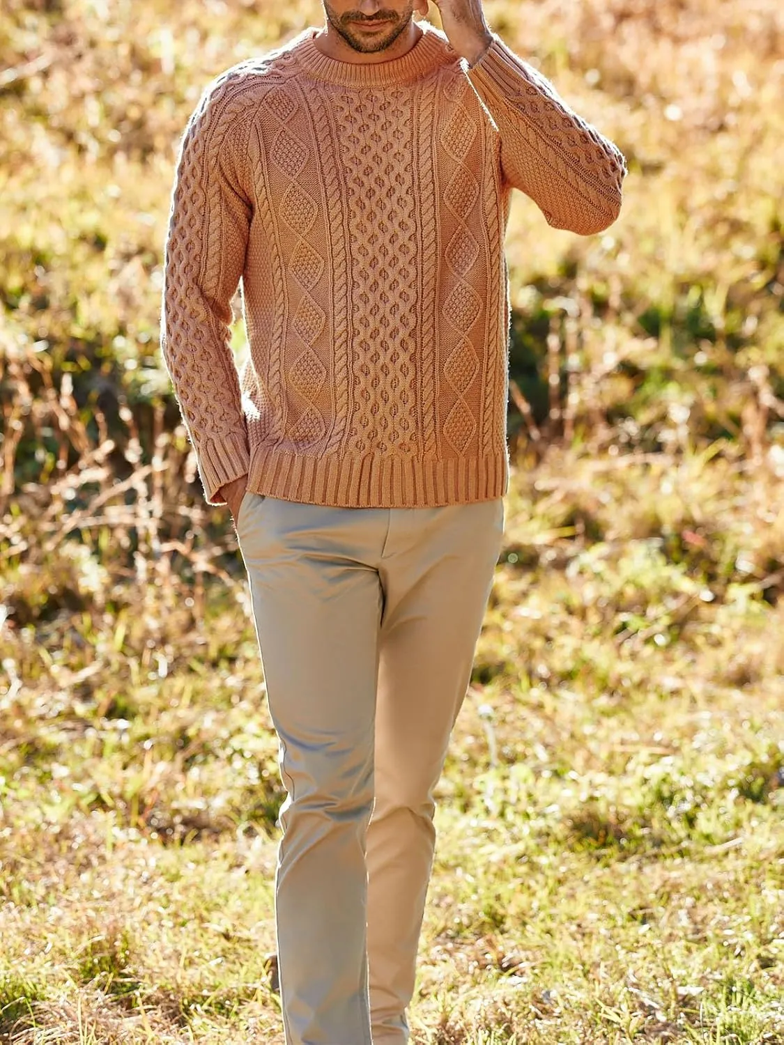Men's Long Sleeve Cable Knit Pullover Sweater Fisherman Twist Patterned Crewneck Sweater
