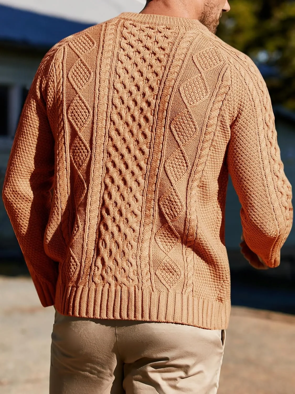 Men's Long Sleeve Cable Knit Pullover Sweater Fisherman Twist Patterned Crewneck Sweater