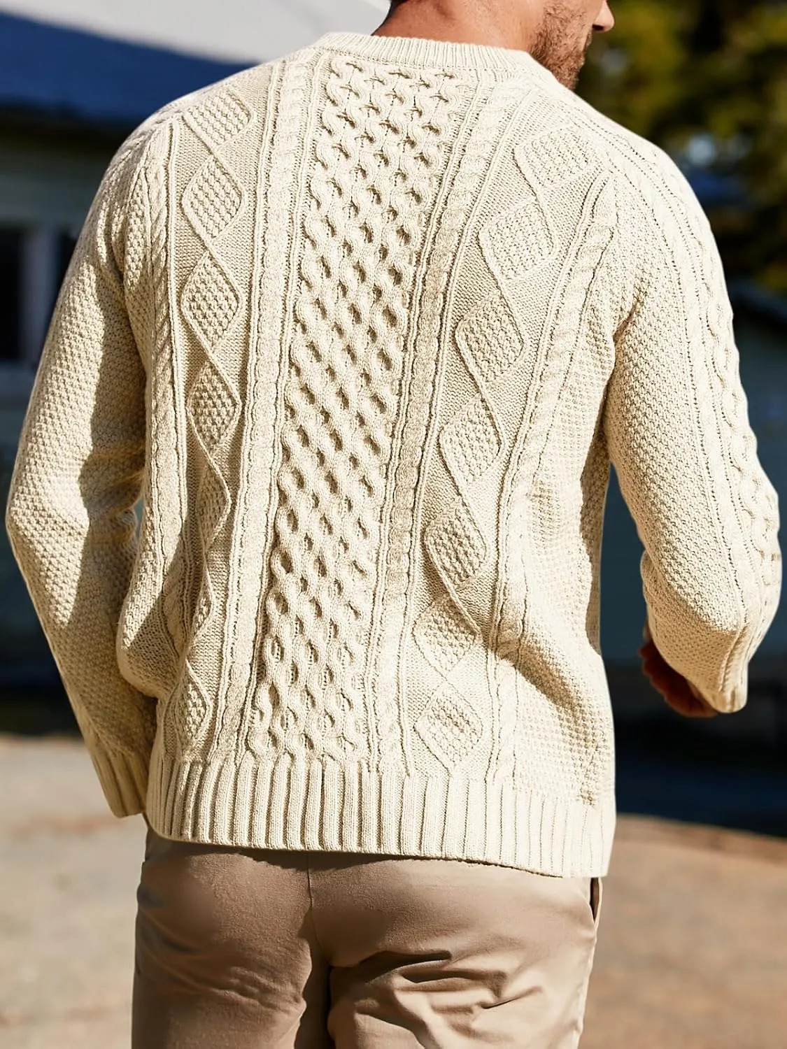 Men's Long Sleeve Cable Knit Pullover Sweater Fisherman Twist Patterned Crewneck Sweater