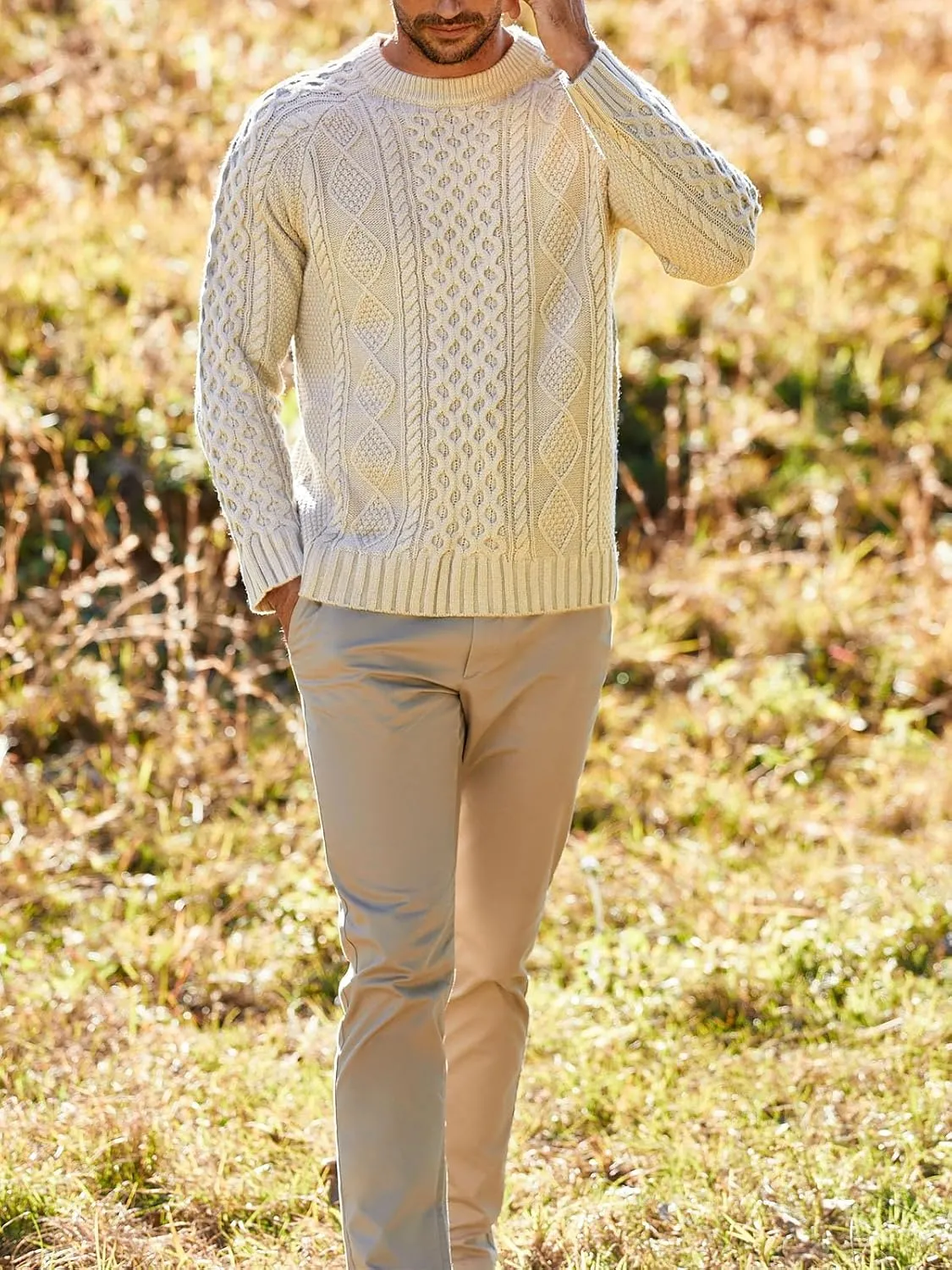 Men's Long Sleeve Cable Knit Pullover Sweater Fisherman Twist Patterned Crewneck Sweater