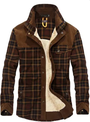 Mens Long Sleeve Sherpa Lined Flannel Shirt Jackets Thermal Quilted Lined Button Down Plaid Coats with Pockets