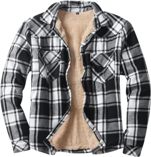 Mens Long Sleeve Sherpa Lined Flannel Shirt Jackets Thermal Quilted Lined Button Down Plaid Coats with Pockets
