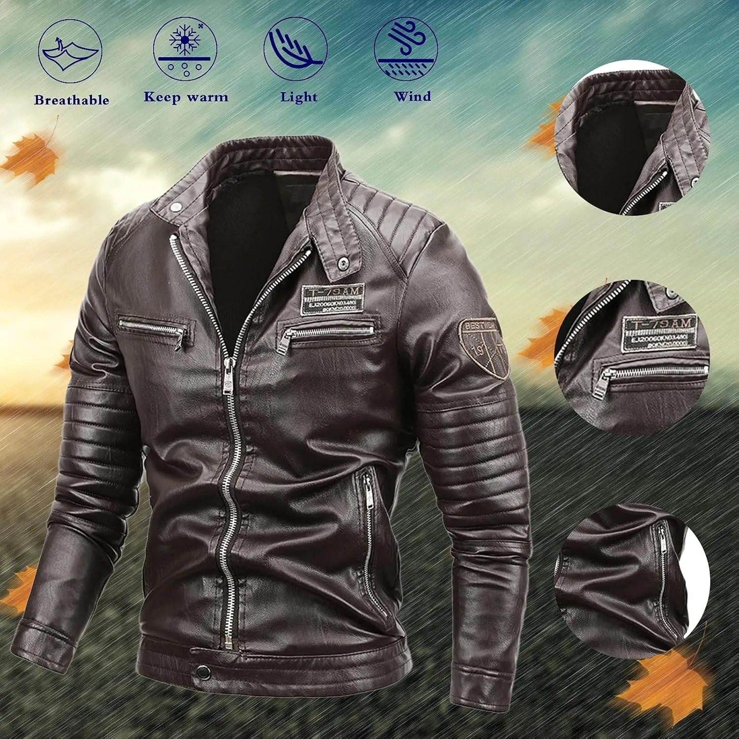 Mens Moto Jackets Casual Leather Biker Jacket Lightweight Faux Leather Outwear Motorcycle Style Biker Leather Jacket
