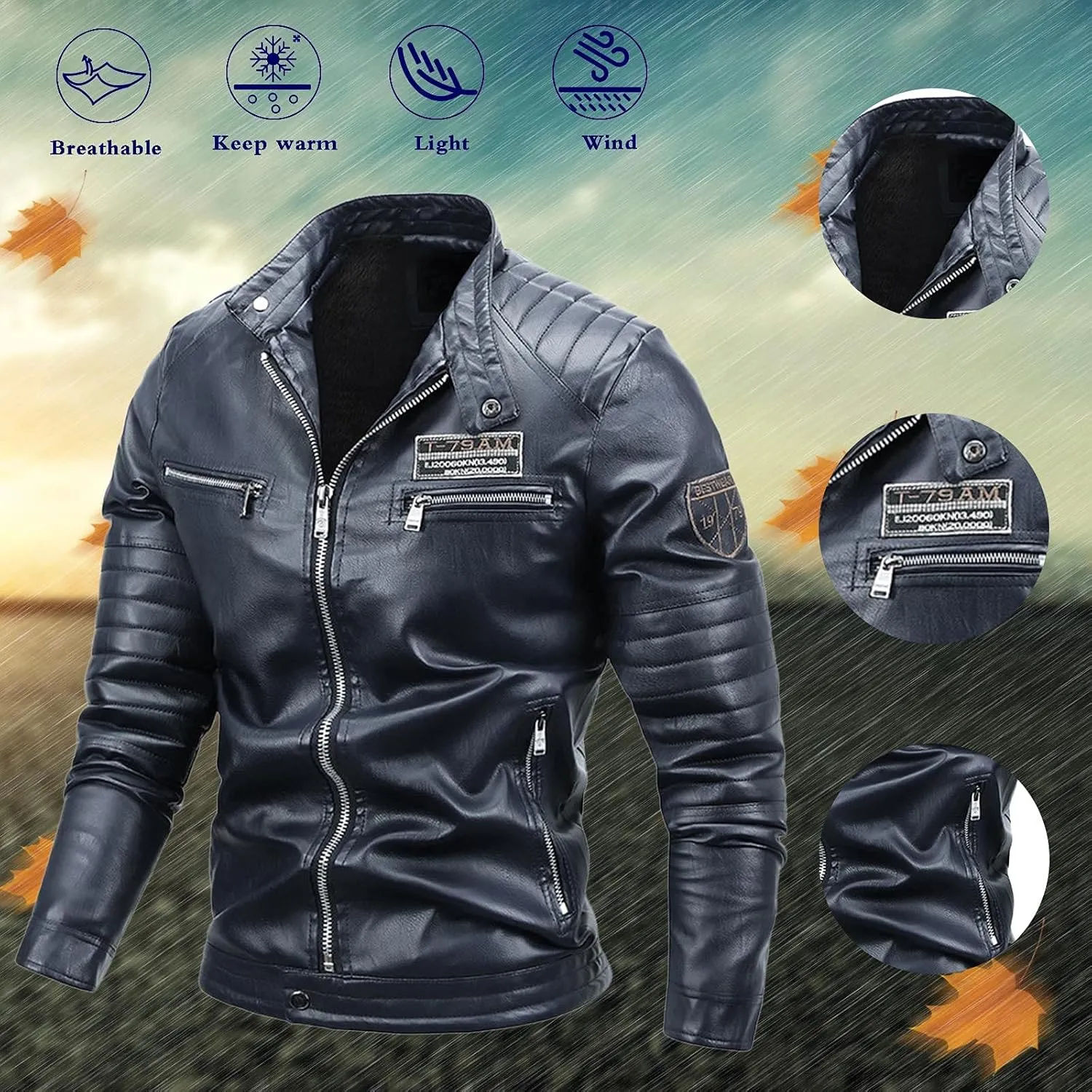 Mens Moto Jackets Casual Leather Biker Jacket Lightweight Faux Leather Outwear Motorcycle Style Biker Leather Jacket