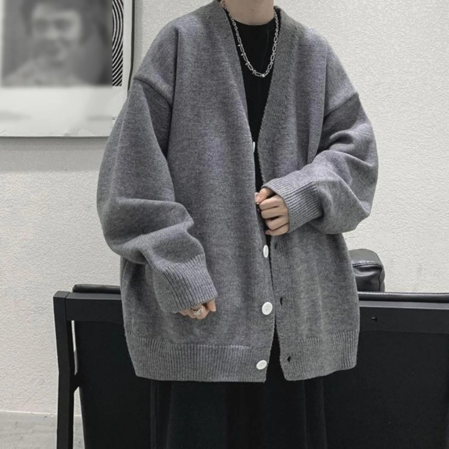 Men's Oversized Casual Button Down Cardigan V Neck Button Up Knit Jacket Vintage Solid Knitwear Cardigan