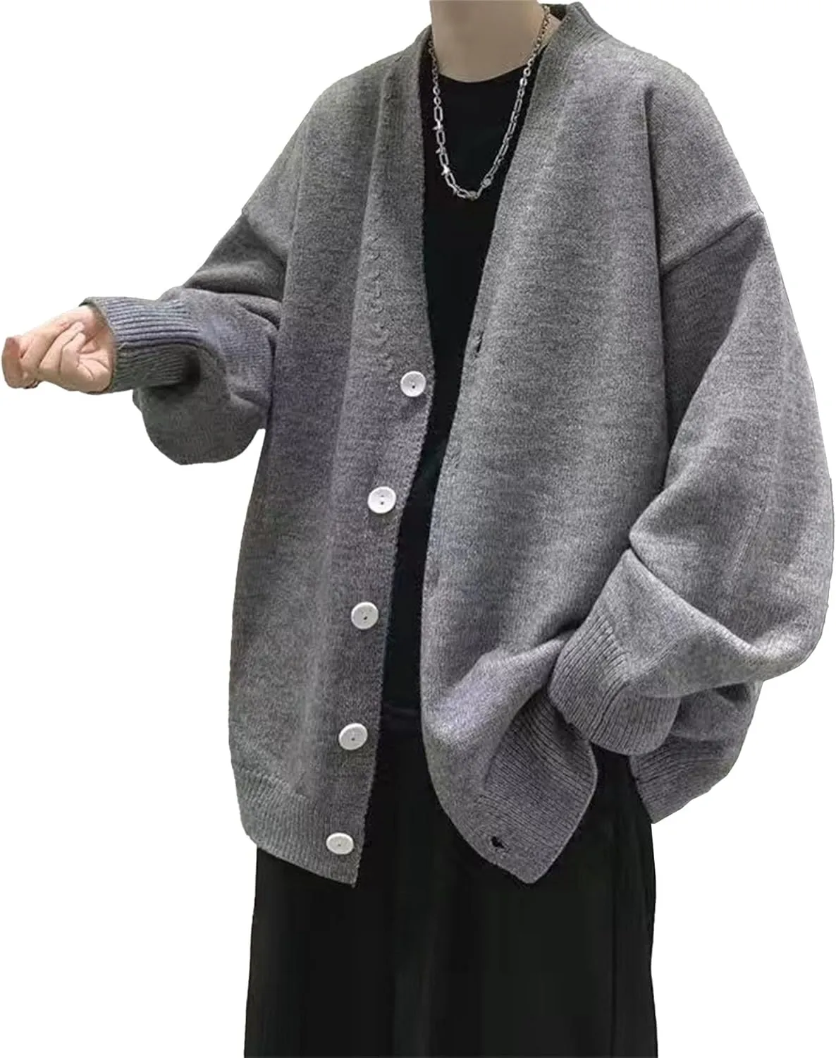 Men's Oversized Casual Button Down Cardigan V Neck Button Up Knit Jacket Vintage Solid Knitwear Cardigan