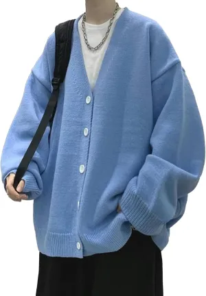 Men's Oversized Casual Button Down Cardigan V Neck Button Up Knit Jacket Vintage Solid Knitwear Cardigan