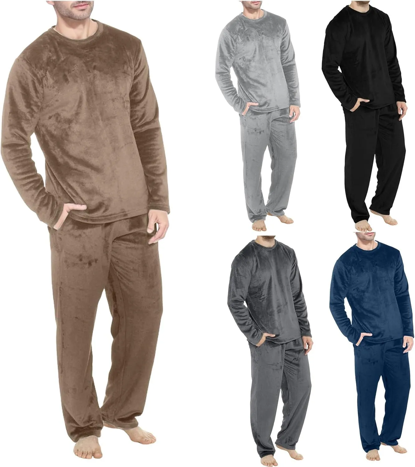 Mens Pajamas Set Velvet Fleece 2 Piece Pajamas Long Sleeve Pullover Tops Lounge Pants Sleepwear Casual Pjs Loungewear