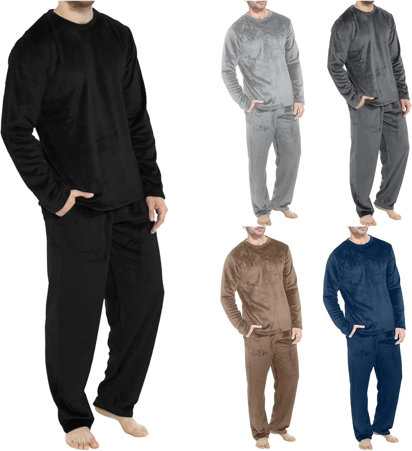Mens Pajamas Set Velvet Fleece 2 Piece Pajamas Long Sleeve Pullover Tops Lounge Pants Sleepwear Casual Pjs Loungewear