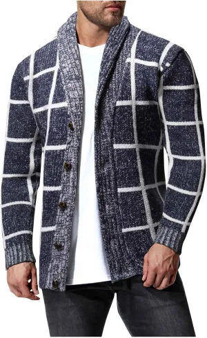 Mens Plaid Cardigan Sweater Button Down Knit Cardigan Casual Open Front Cardigan Shawl Collar Cardigan