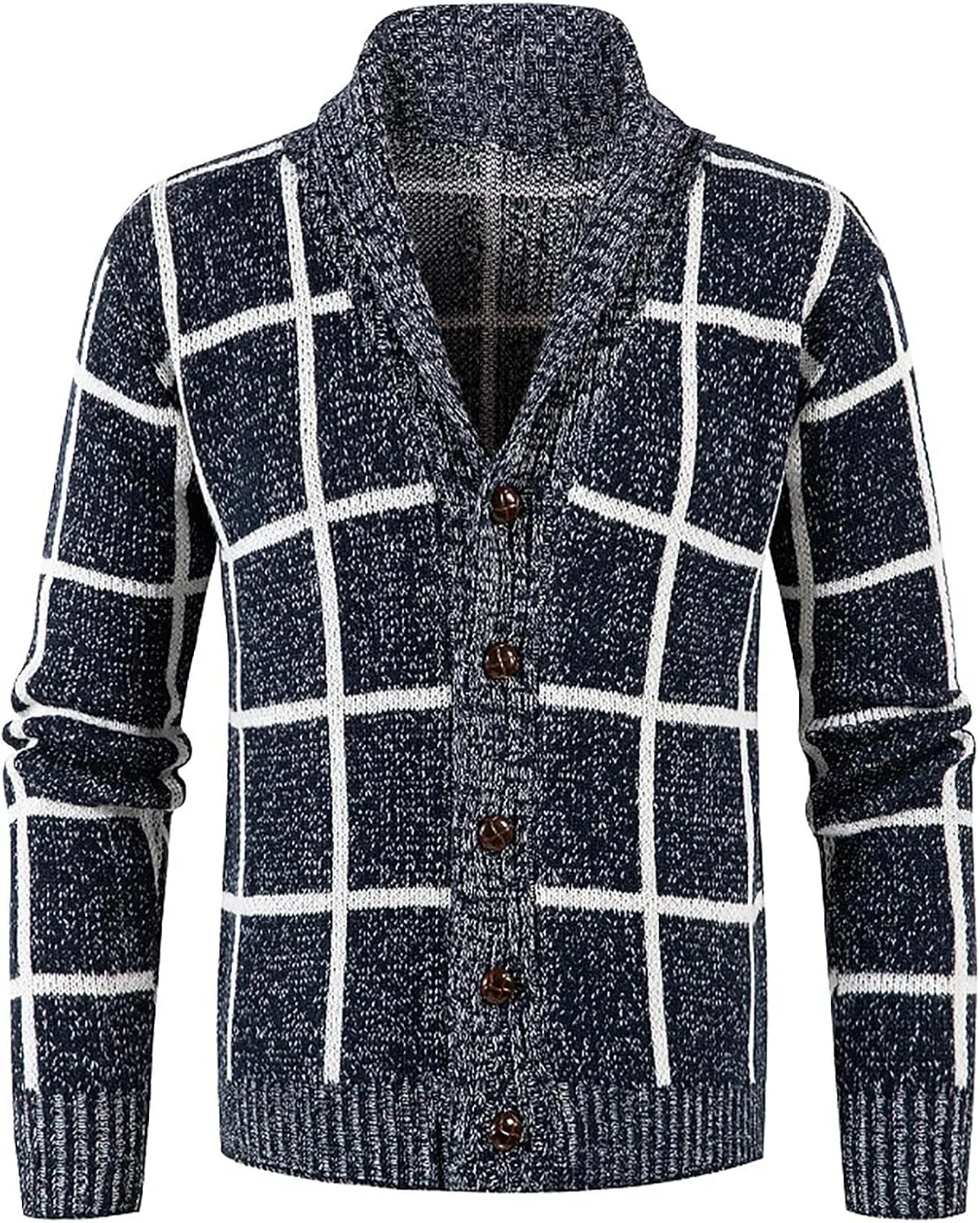 Mens Plaid Cardigan Sweater Button Down Knit Cardigan Casual Open Front Cardigan Shawl Collar Cardigan