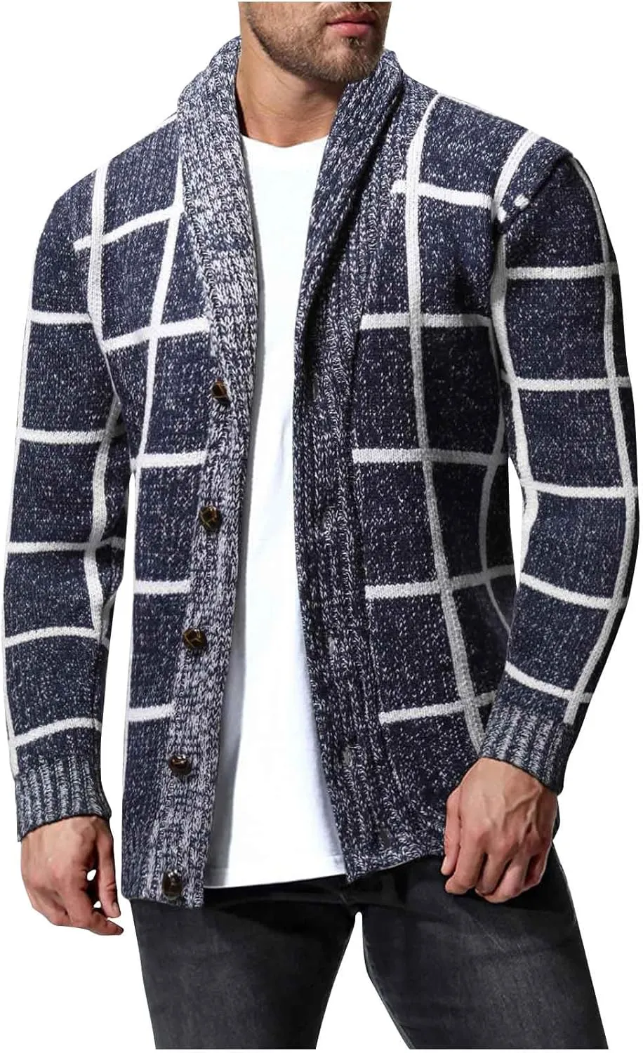 Mens Plaid Cardigan Sweater Button Down Knit Cardigan Casual Open Front Cardigan Shawl Collar Cardigan