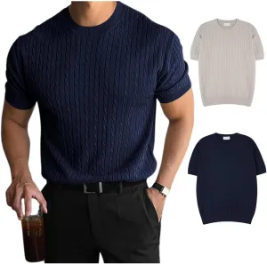 Men's Plain Round Neck Cable Knit Tops, Men's Round Neck Solid Color Cable Short Sleeve Knit Top, Knit Sweater