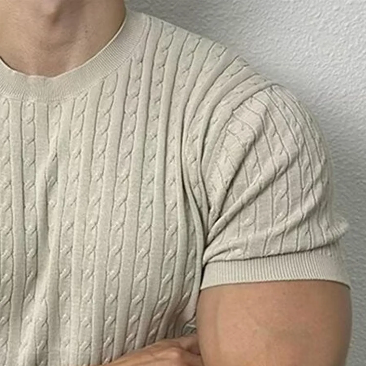 Men's Plain Round Neck Cable Knit Tops, Men's Round Neck Solid Color Cable Short Sleeve Knit Top, Knit Sweater