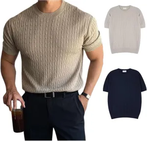 Men's Plain Round Neck Cable Knit Tops, Men's Round Neck Solid Color Cable Short Sleeve Knit Top, Knit Sweater