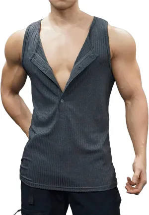 Men's Striped Knit Tank Top Sleeveless Gym Workout Casual Slim Fit Outfit Half Button Quick Dry Training Beach Summer Wear