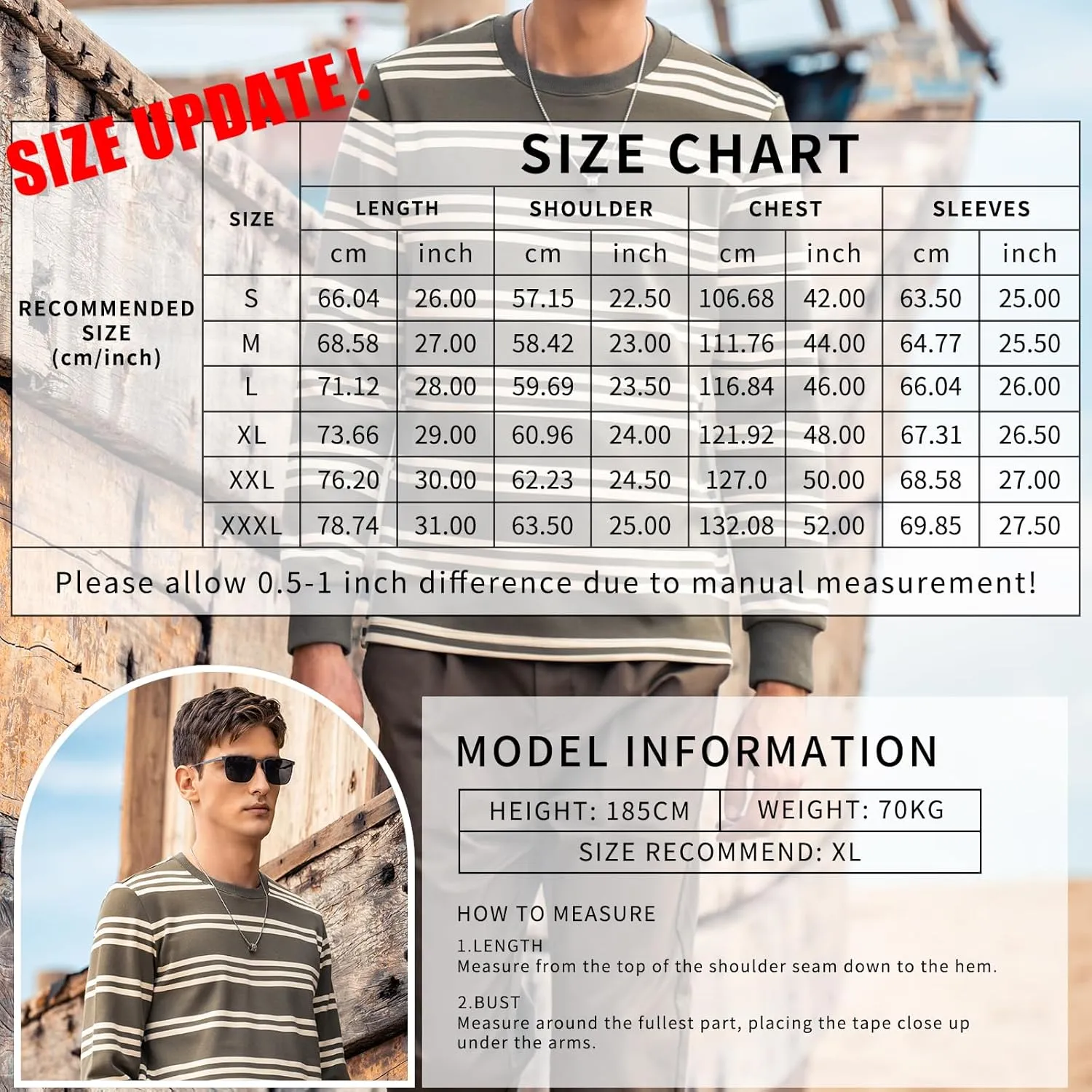 Men's Striped Long Sleeved T-Shirt, Casual Round Neck Long Sleeved Top, Regular-Fit Daily Striped T-Shirt Basic Style