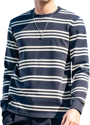 Men's Striped Long Sleeved T-Shirt, Casual Round Neck Long Sleeved Top, Regular-Fit Daily Striped T-Shirt Basic Style
