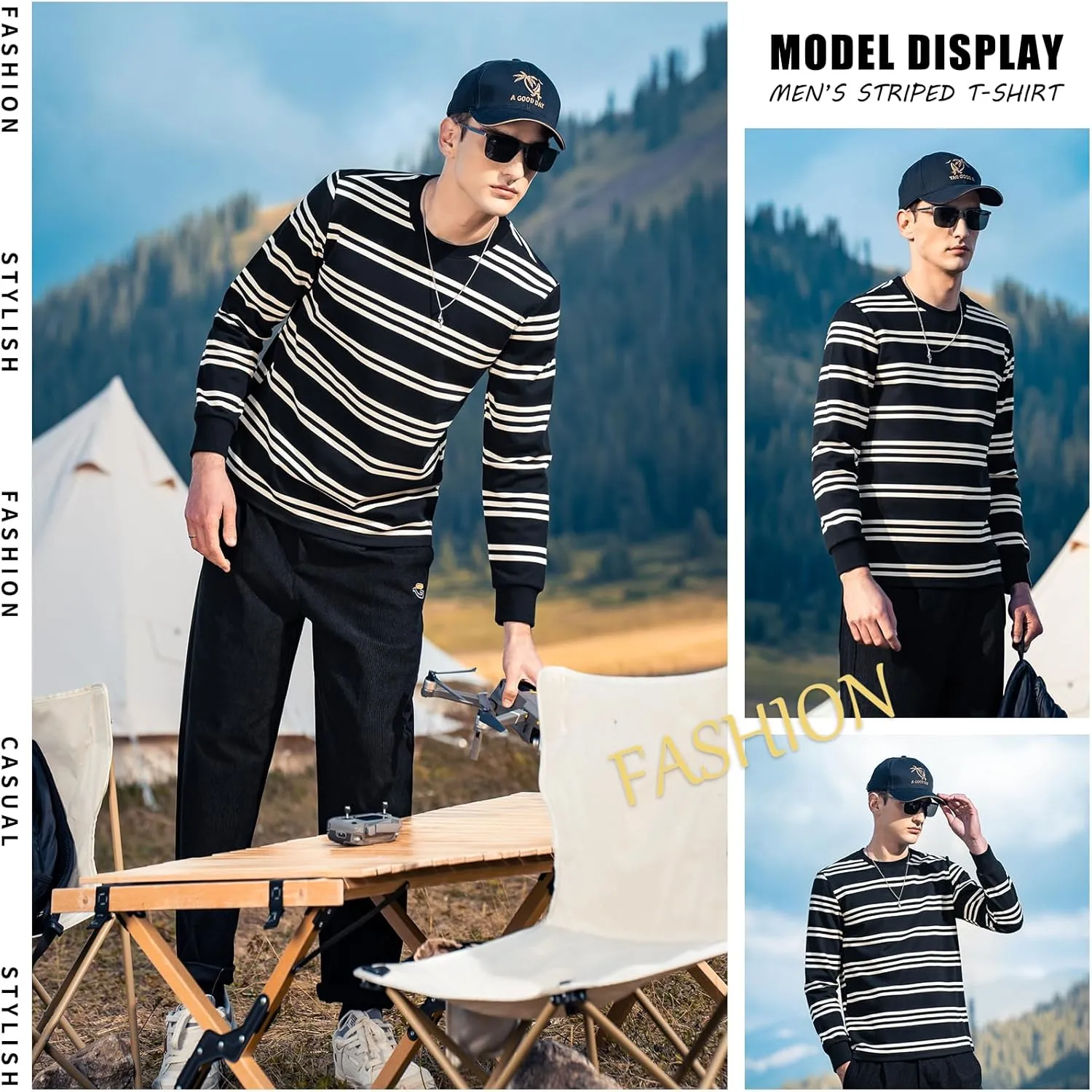 Men's Striped Long Sleeved T-Shirt, Casual Round Neck Long Sleeved Top, Regular-Fit Daily Striped T-Shirt Basic Style