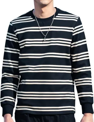 Men's Striped Long Sleeved T-Shirt, Casual Round Neck Long Sleeved Top, Regular-Fit Daily Striped T-Shirt Basic Style