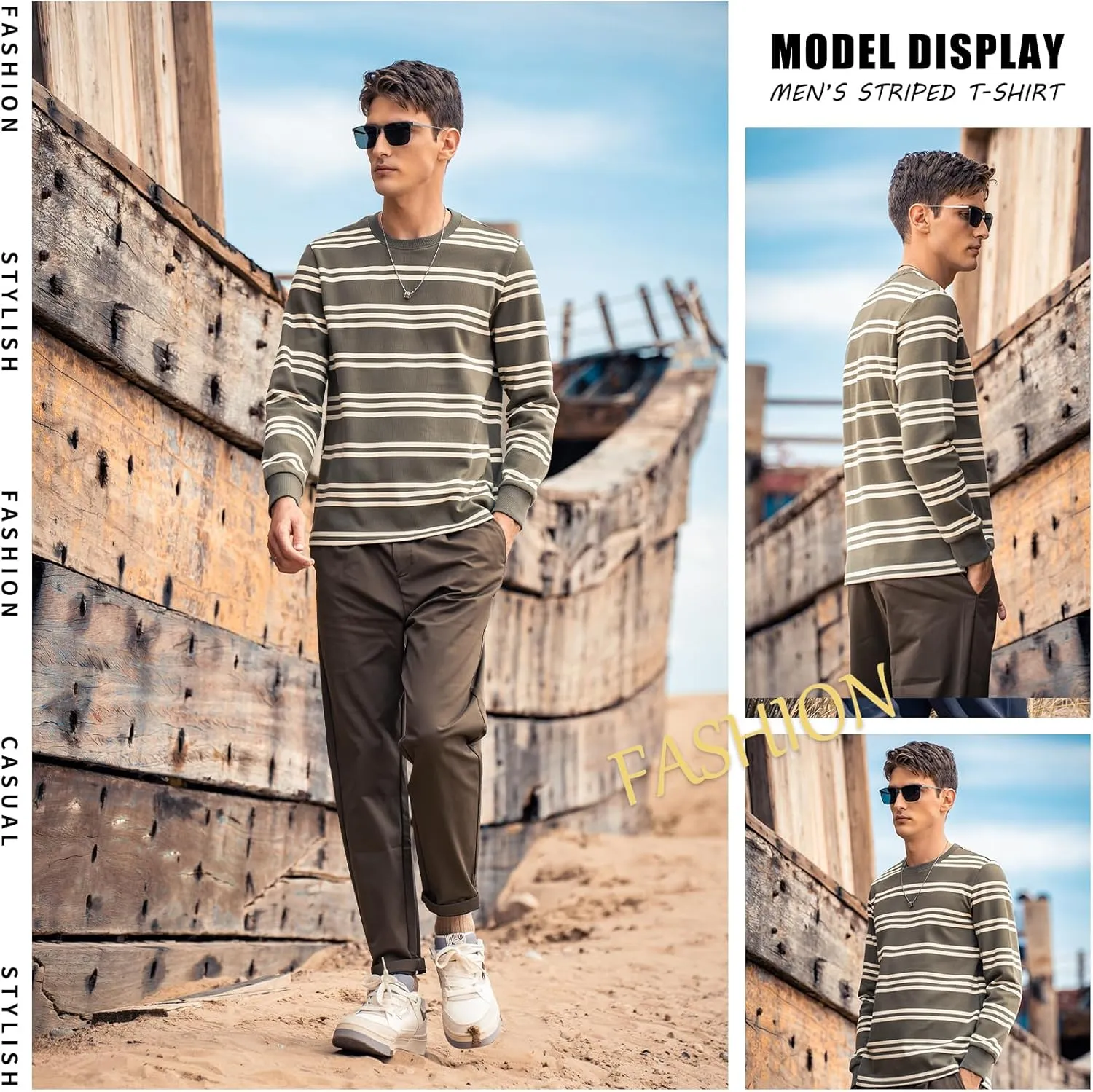 Men's Striped Long Sleeved T-Shirt, Casual Round Neck Long Sleeved Top, Regular-Fit Daily Striped T-Shirt Basic Style