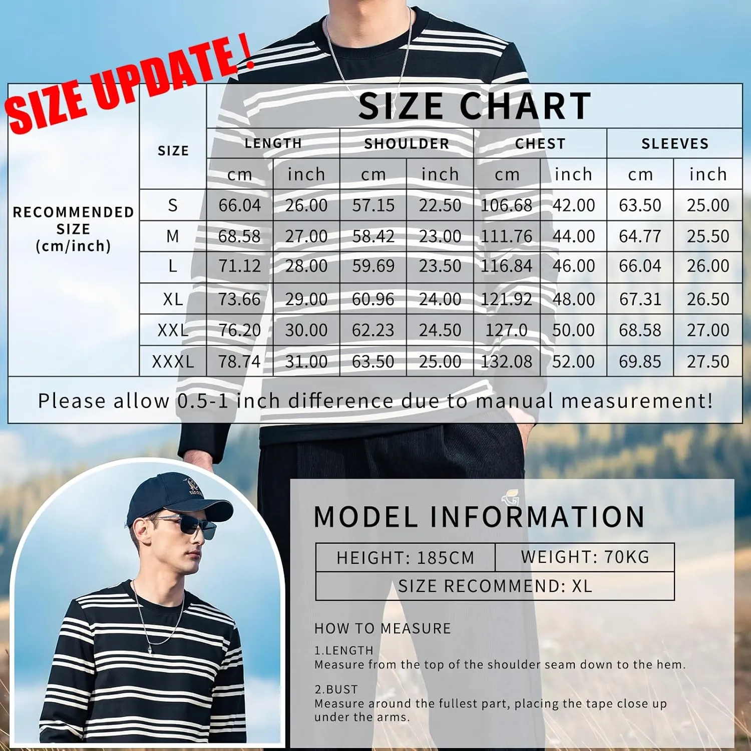 Men's Striped Long Sleeved T-Shirt, Casual Round Neck Long Sleeved Top, Regular-Fit Daily Striped T-Shirt Basic Style