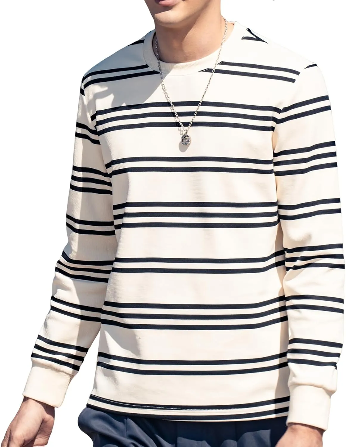 Men's Striped Long Sleeved T-Shirt, Casual Round Neck Long Sleeved Top, Regular-Fit Daily Striped T-Shirt Basic Style