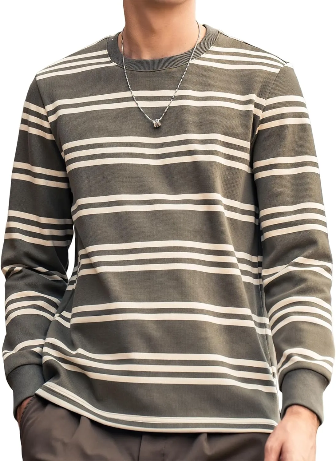 Men's Striped Long Sleeved T-Shirt, Casual Round Neck Long Sleeved Top, Regular-Fit Daily Striped T-Shirt Basic Style
