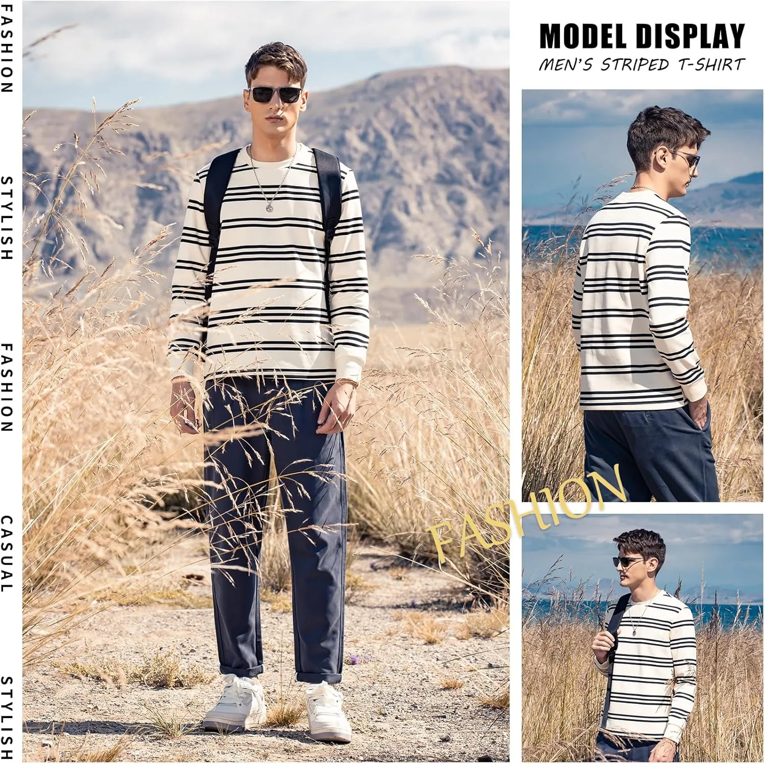 Men's Striped Long Sleeved T-Shirt, Casual Round Neck Long Sleeved Top, Regular-Fit Daily Striped T-Shirt Basic Style