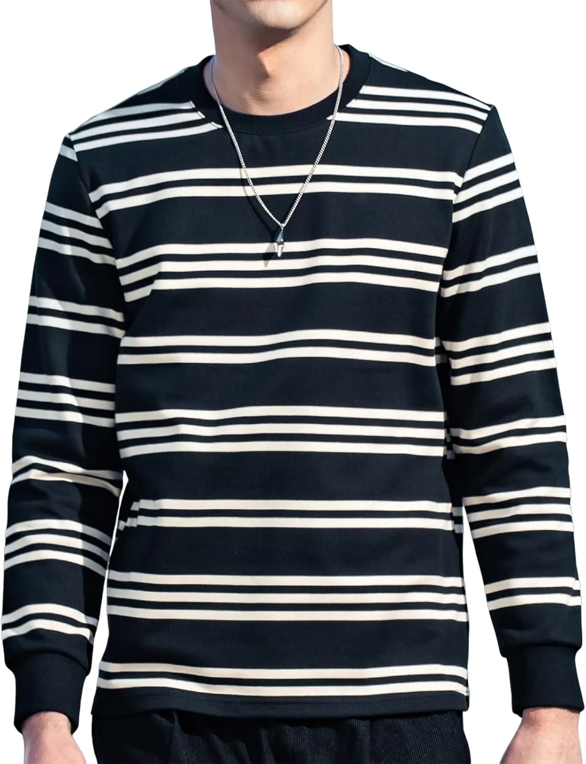 Men's Striped Long Sleeved T-Shirt, Casual Round Neck Long Sleeved Top, Regular-Fit Daily Striped T-Shirt Basic Style